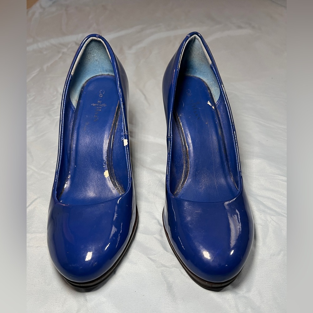 Cole Haan cobalt blue wedge with peep toe warn size 8b